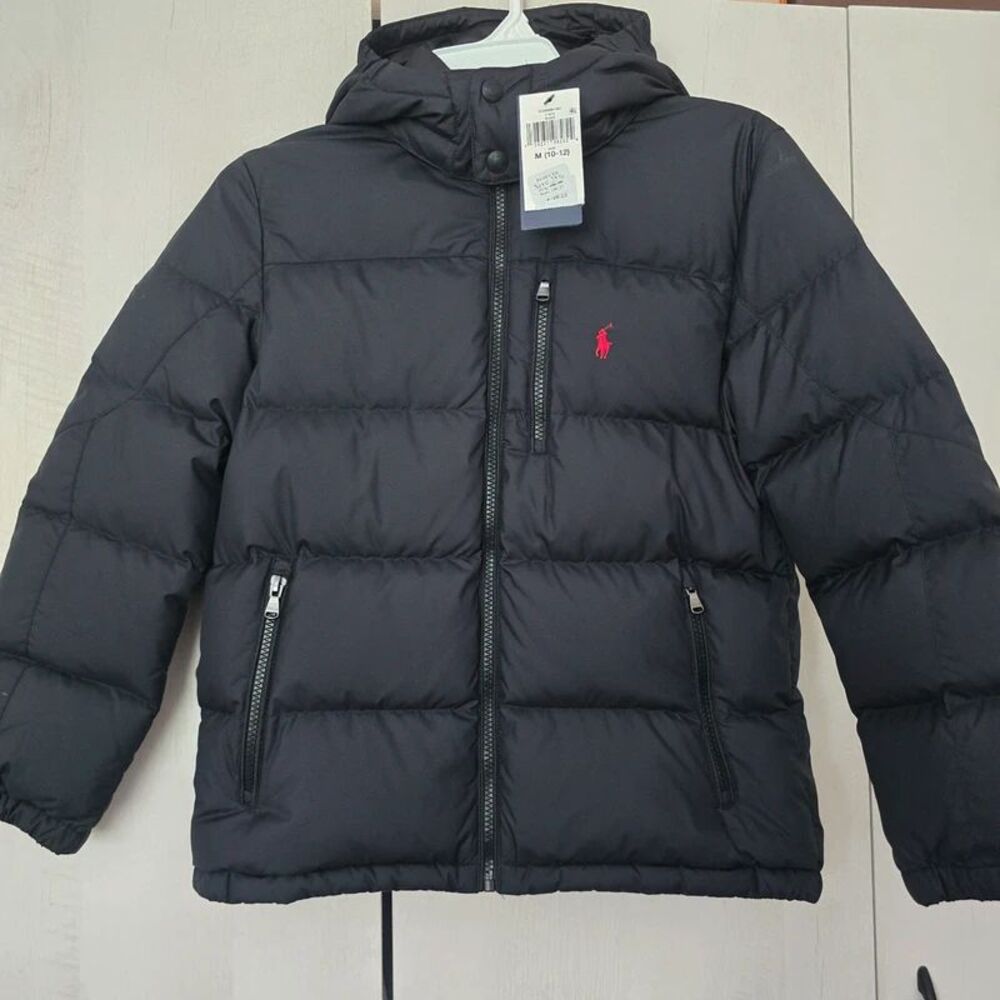 Polo Ralph Lauren Boys Gorham Down Hooded Puffer Jacket Black Size M 10 12